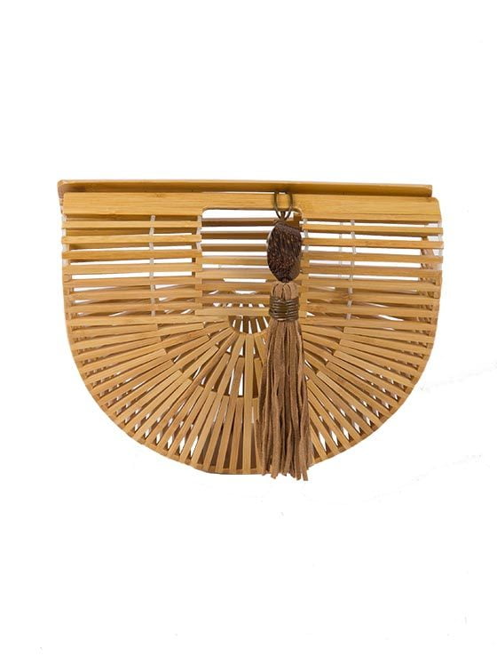 Bolso de mano madera bambú con borlón